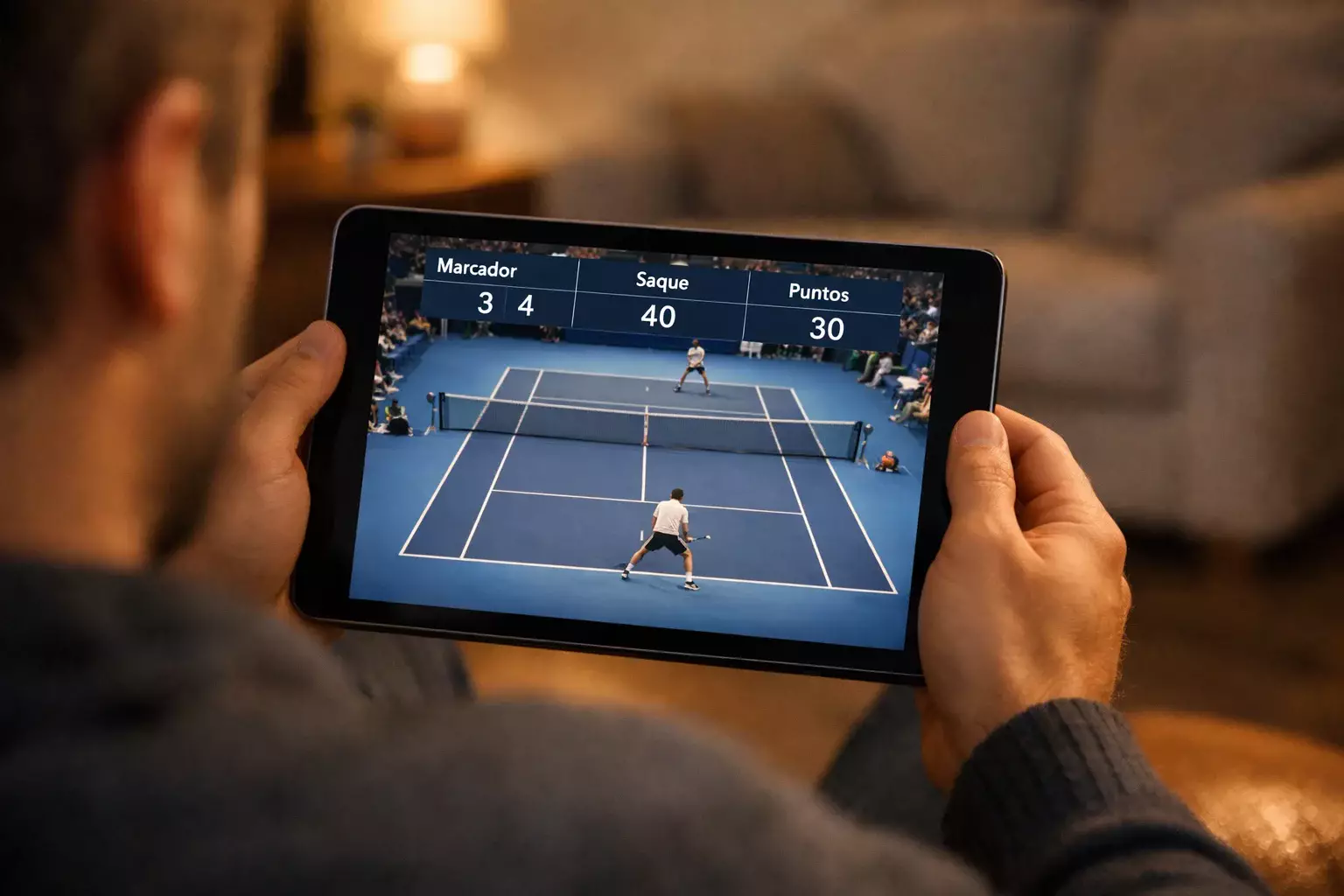 Aficionado siguiendo un partido de tenis en directo desde una tablet con estadísticas en pantalla