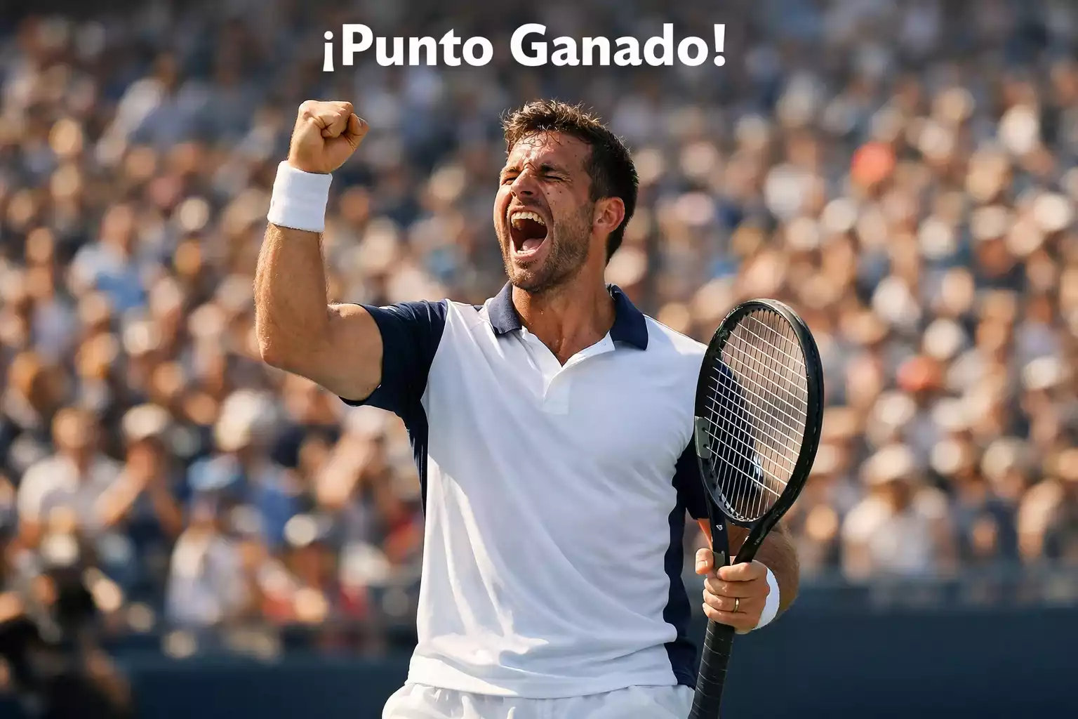Jugador de tenis ATP celebrando un punto ganado en una pista de tenis durante un torneo profesional con el puño en alto