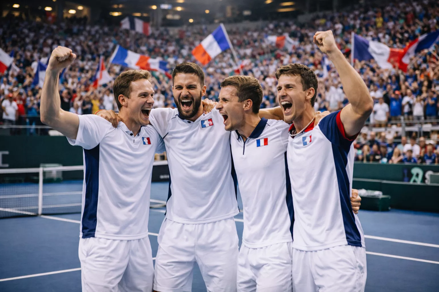 Equipo nacional de tenis celebrando una victoria en la Copa Davis con banderas de su país y la pista de fondo