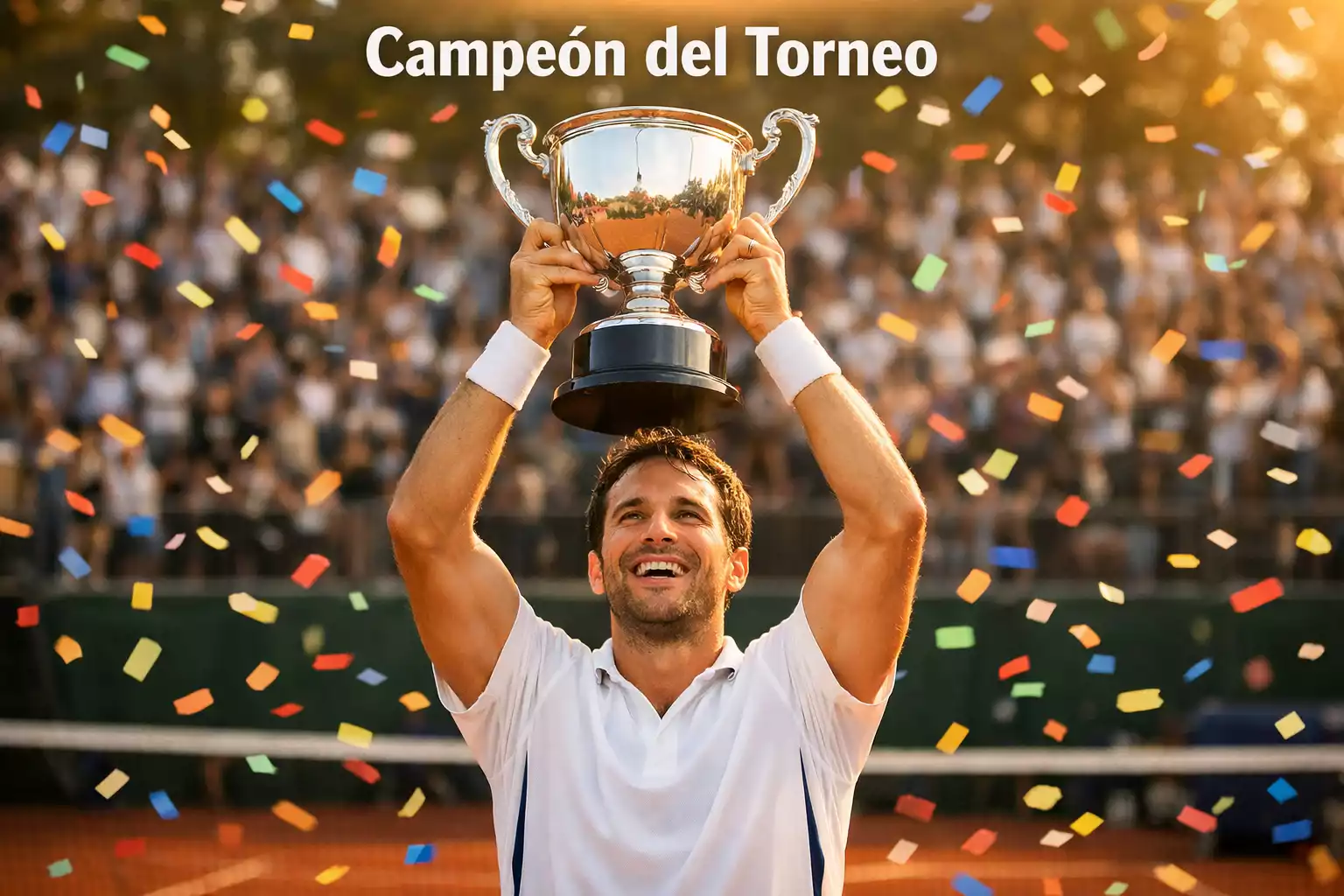 Jugador de tenis levantando un trofeo en la ceremonia de entrega de premios de un torneo profesional con confeti cayendo