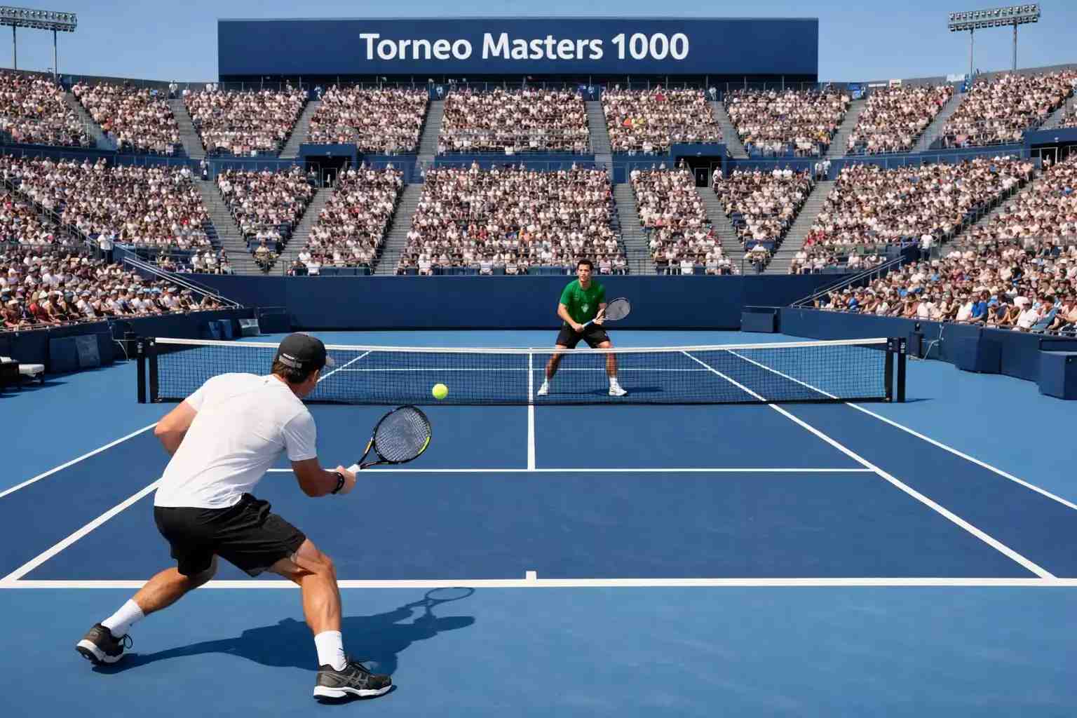 Pista de tenis de un torneo Masters 1000 con gradas llenas de espectadores y el logotipo del torneo visible en la pista dura