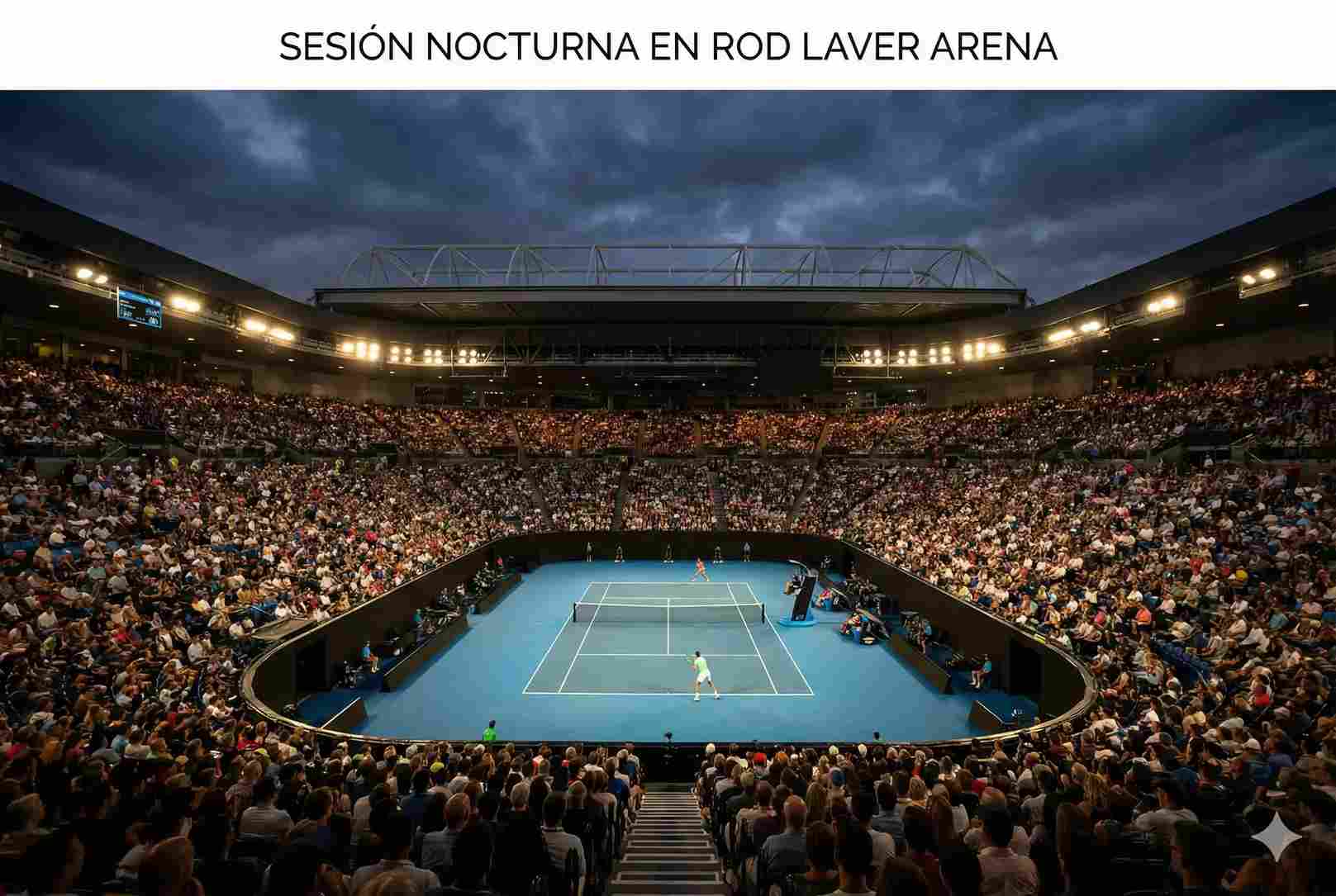 Vista panorámica de la Rod Laver Arena de Melbourne durante un partido nocturno del Open de Australia con las luces del estadio encendidas