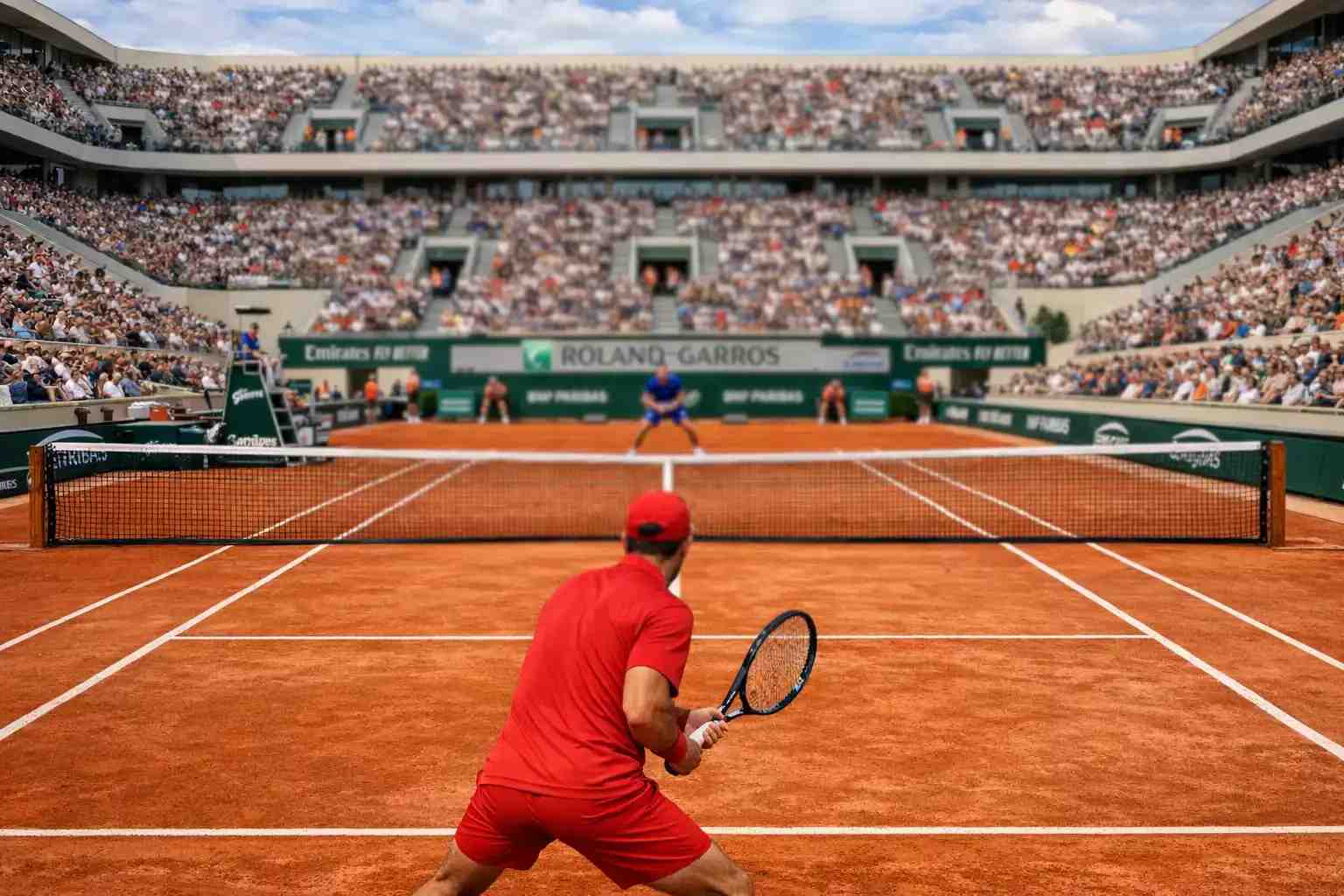 Pista central de Roland Garros con la superficie de tierra batida naranja y las gradas llenas de espectadores bajo el cielo de París