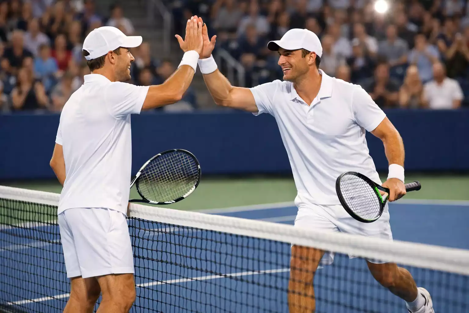 Pareja de jugadores de dobles de tenis chocando las manos en la red después de ganar un punto importante en un partido