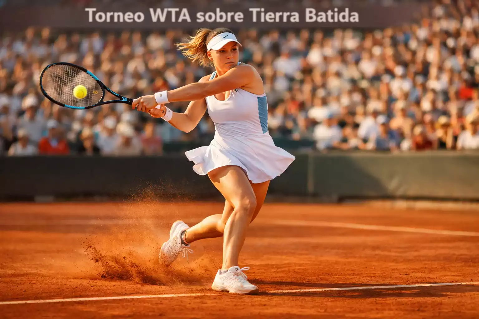 Jugadora de tenis profesional golpeando un derecho potente en una pista de tierra batida durante un torneo WTA