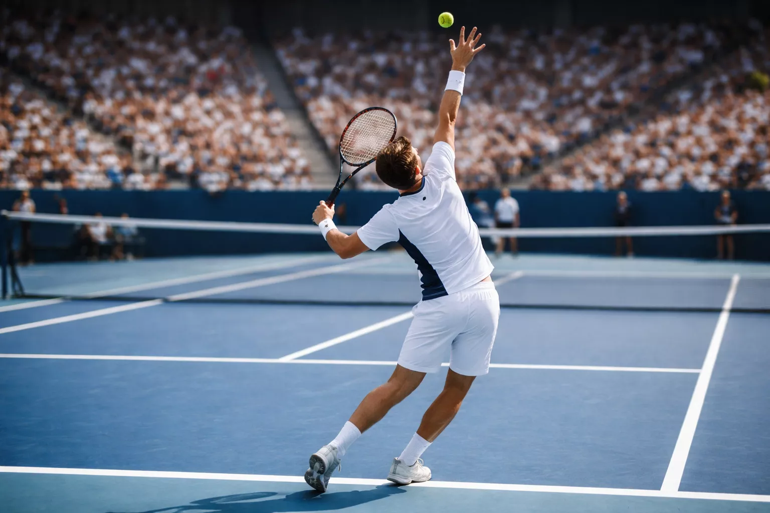 Jugador de tenis sirviendo en una pista de tenis profesional con público al fondo durante un torneo