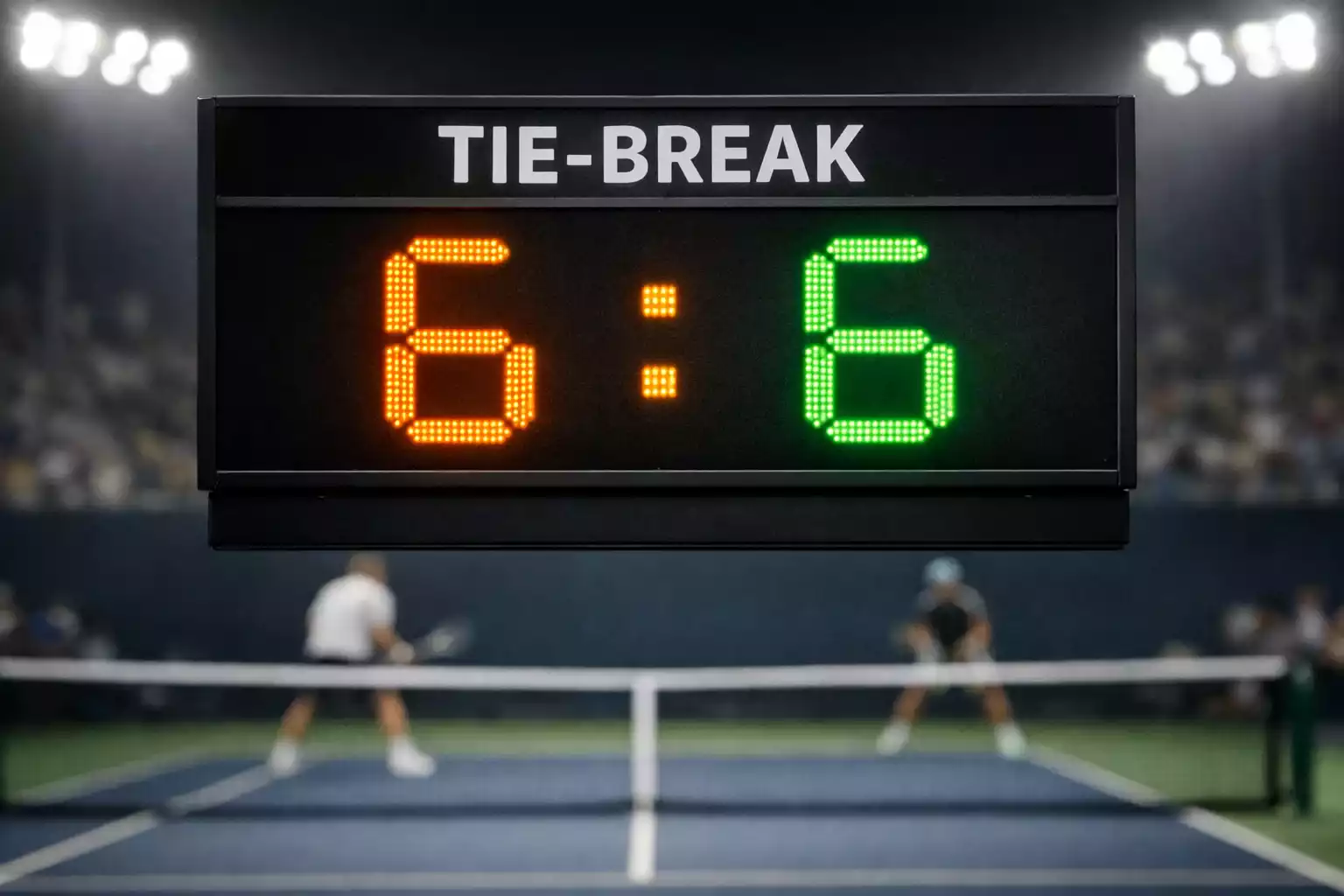 Marcador electrónico de un partido de tenis mostrando un resultado 6-6 en un set con la pista y la red visibles al fondo