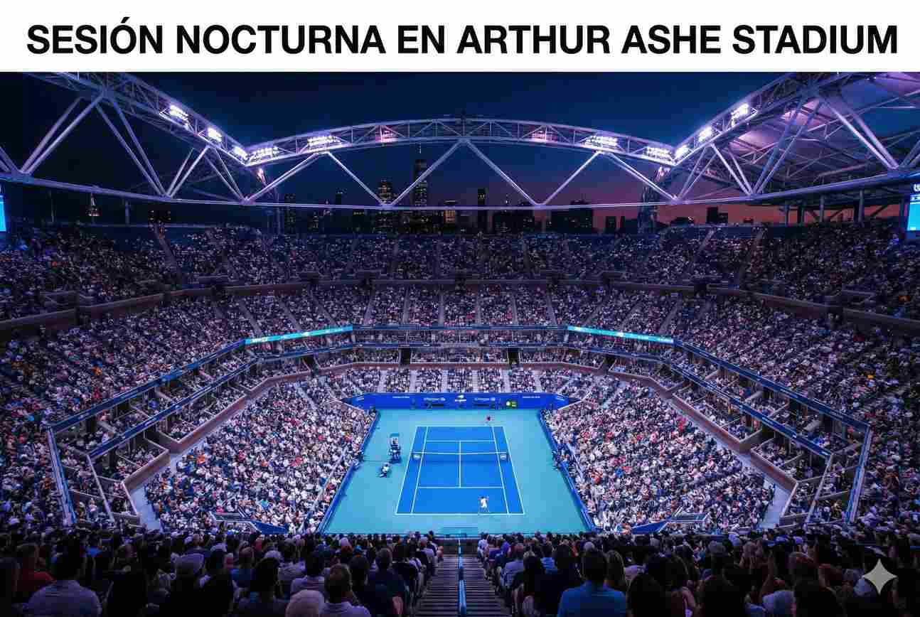 Vista del Arthur Ashe Stadium de Nueva York iluminado durante una sesión nocturna del US Open con la pista dura azul en el centro