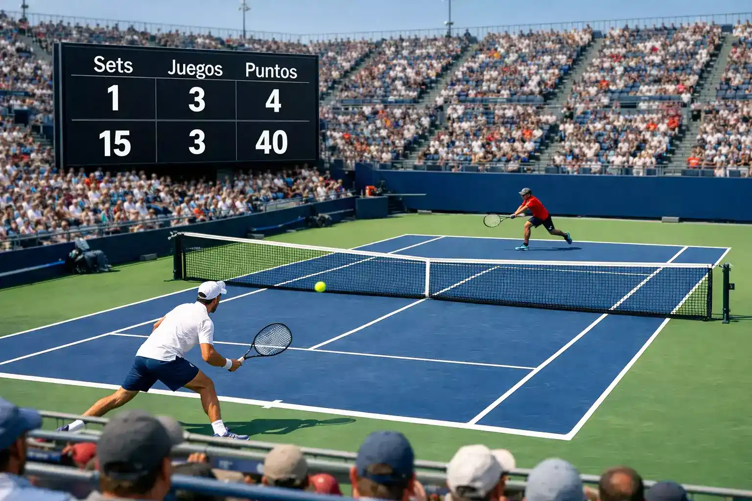 Partido de tenis en vivo con marcador electrónico y ambiente de competición