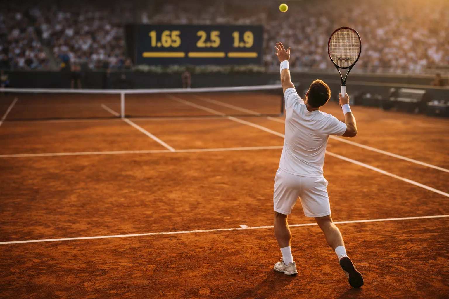 Pista de tenis de tierra batida con marcador electrónico mostrando cuotas de un partido profesional