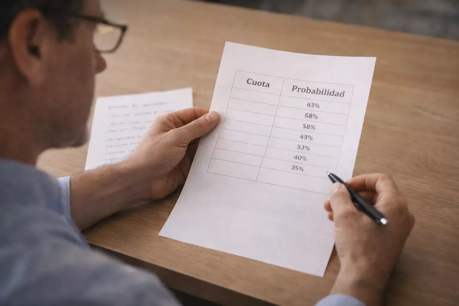 Persona analizando líneas de cuotas y probabilidades en documento