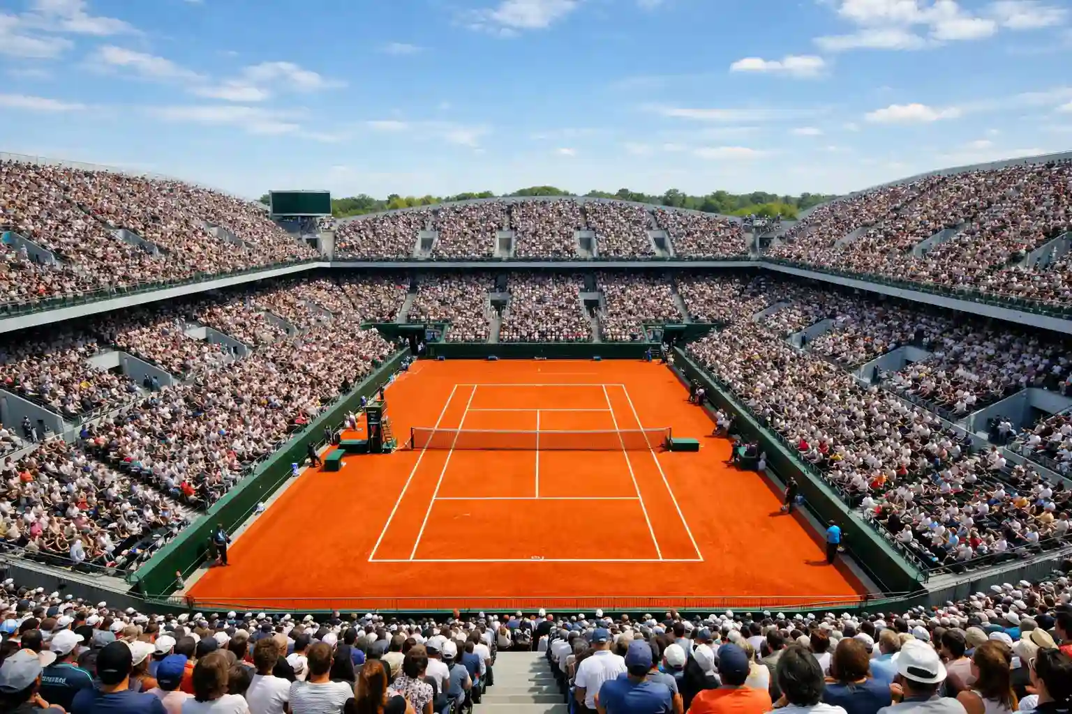 Estadio de Grand Slam de tenis con ambiente de torneo importante