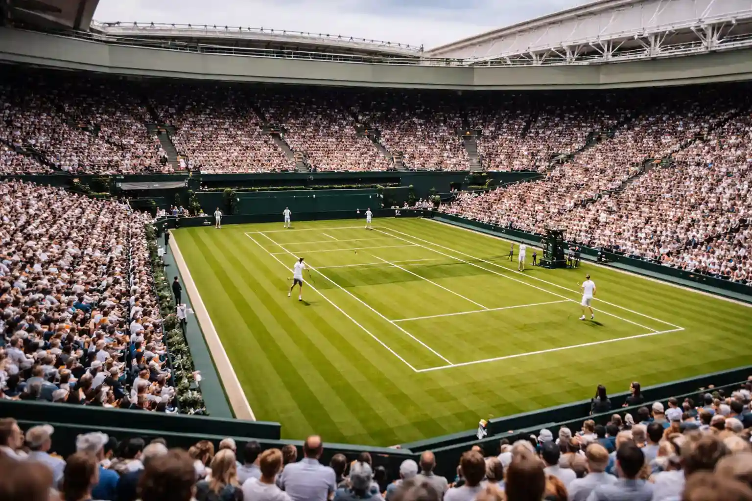 Vista panorámica del estadio central de Wimbledon con las gradas llenas de público durante un partido
