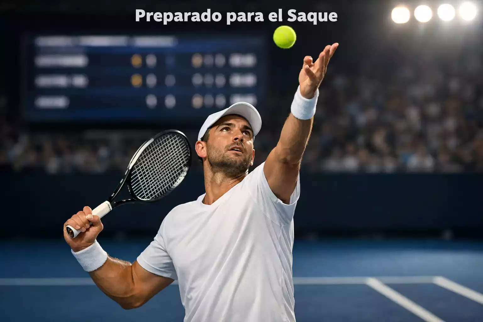 Jugador de tenis profesional concentrado preparando un saque en una pista dura con el marcador del partido visible al fondo