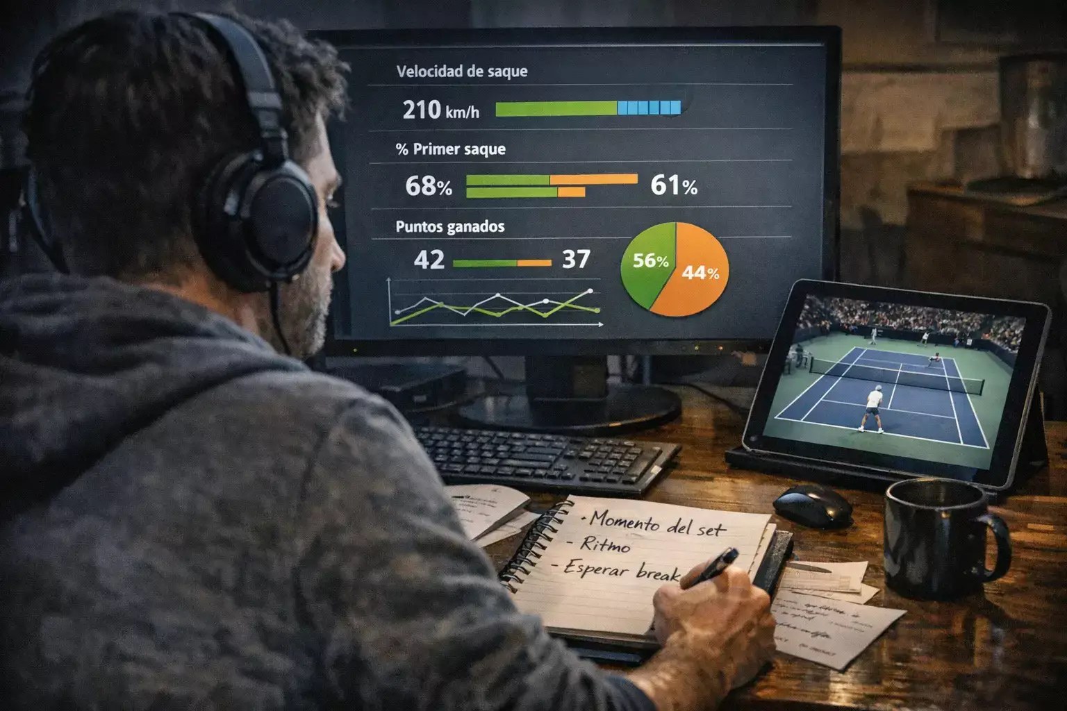 Apostador concentrado analizando estadísticas durante partido de tenis