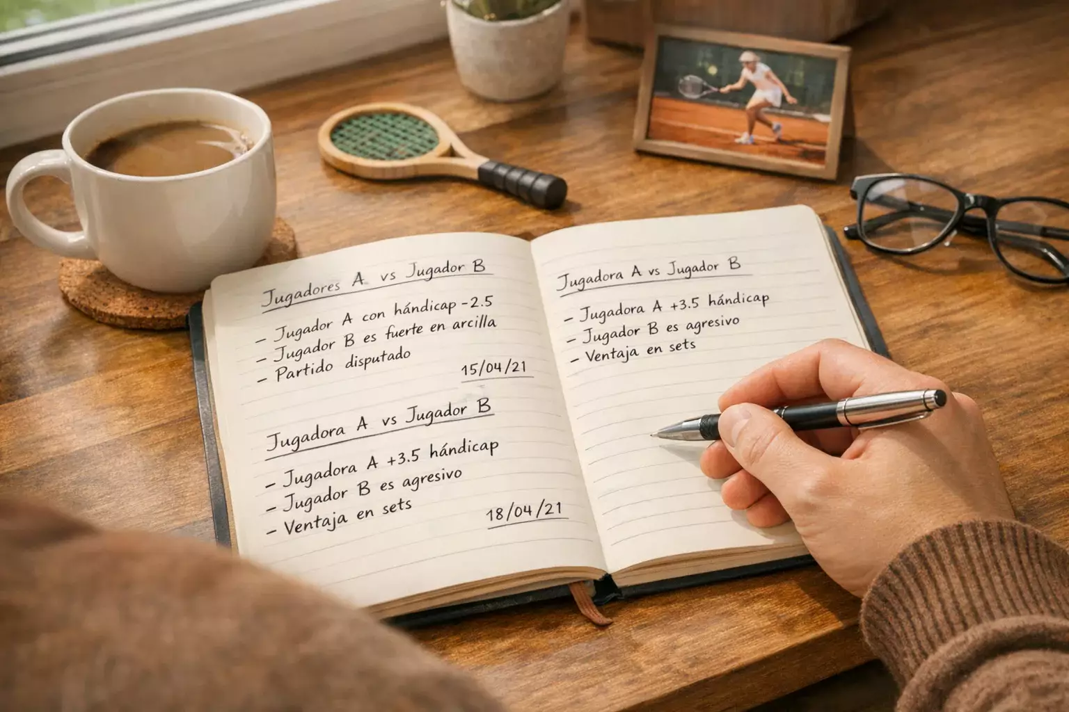 Apostador elaborando estrategia con notas sobre partidos de tenis
