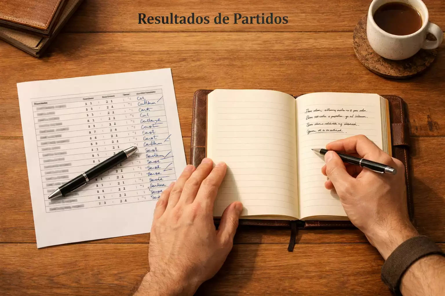 Persona escribiendo notas en un cuaderno junto a una mesa con un bolígrafo y un documento con anotaciones de resultados deportivos