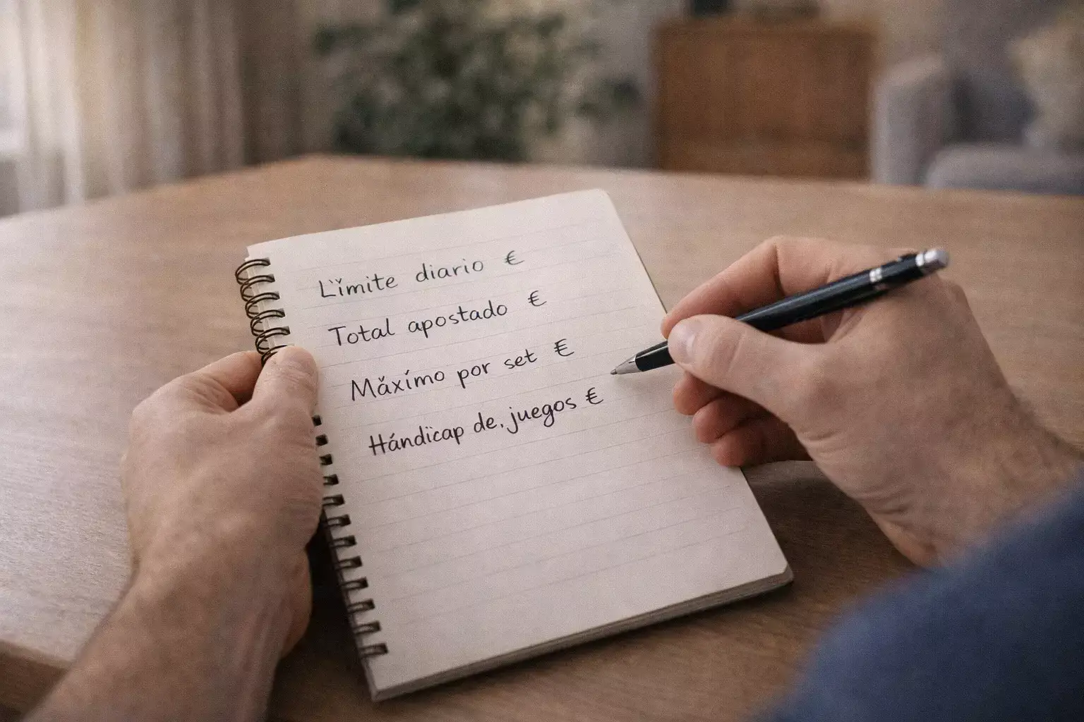 Persona gestionando límites de apuestas con libreta y control responsable