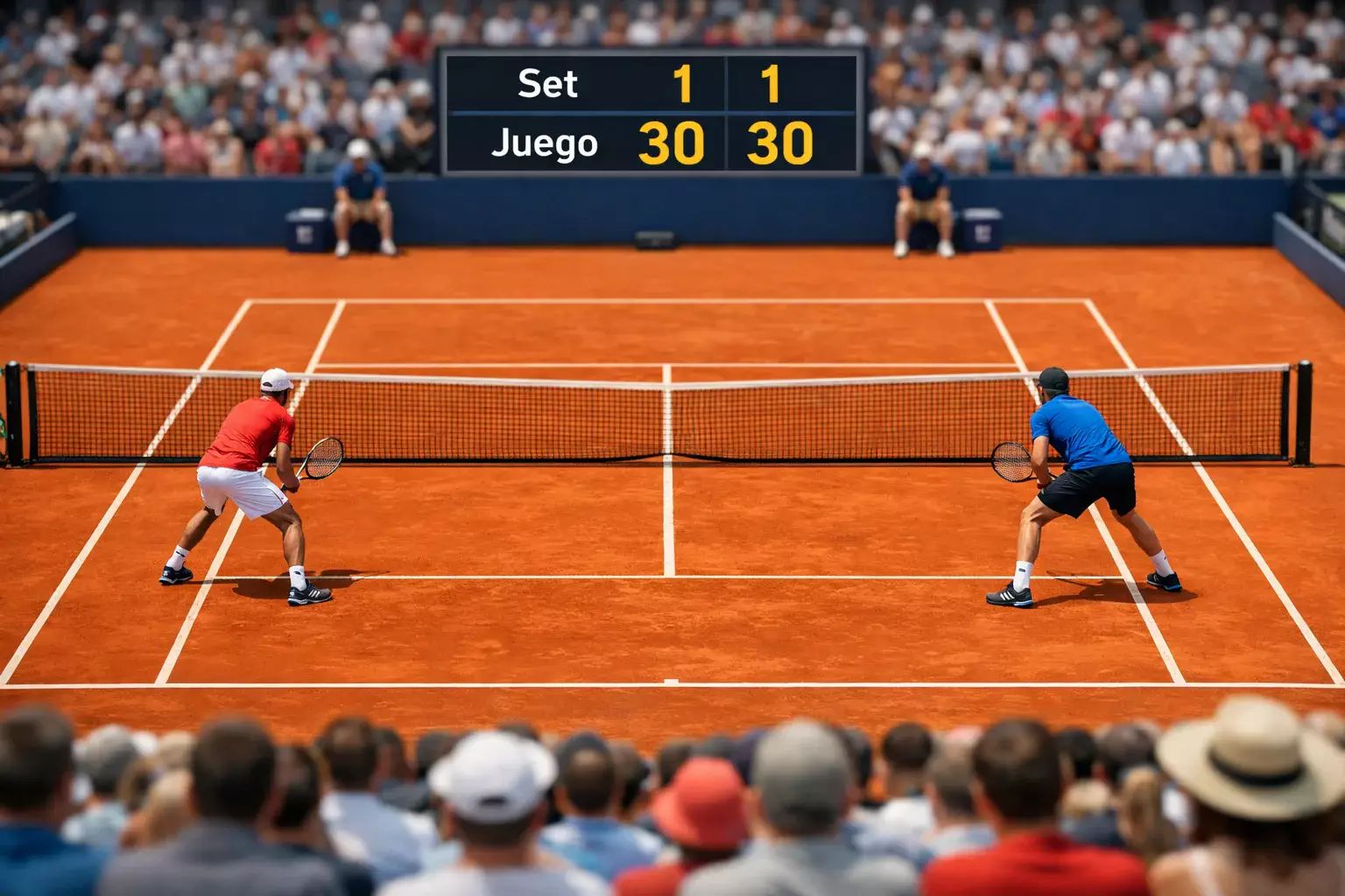 Partido de tenis profesional con marcador visible en pista de tierra batida