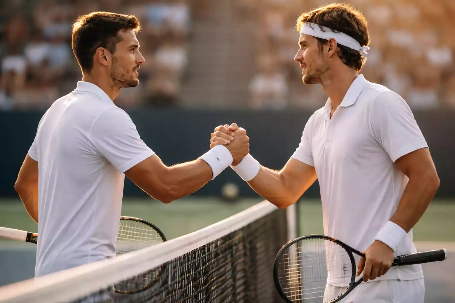 Dos jugadores de tenis profesionales frente a frente en la red dándose la mano tras un partido en una pista de tenis
