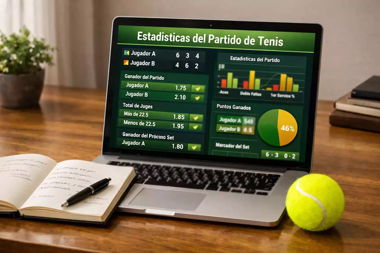 Escritorio con un portátil mostrando estadísticas de tenis junto a un cuaderno de notas y una pelota de tenis