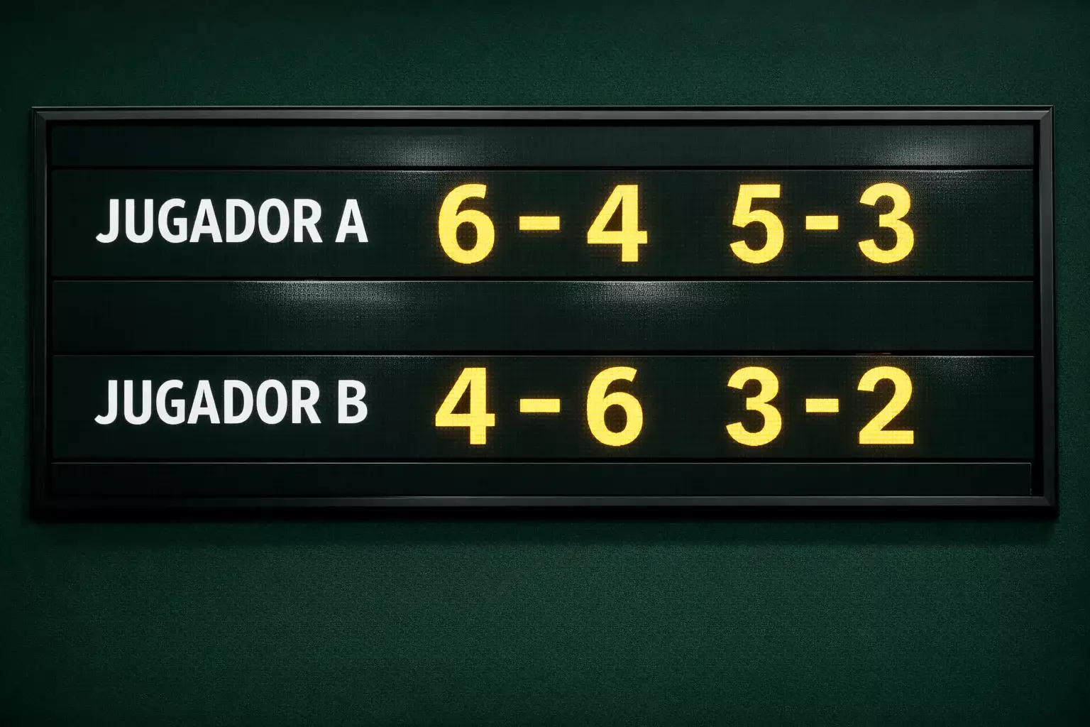 Marcador electrónico de tenis mostrando puntuación de sets y juegos en un estadio