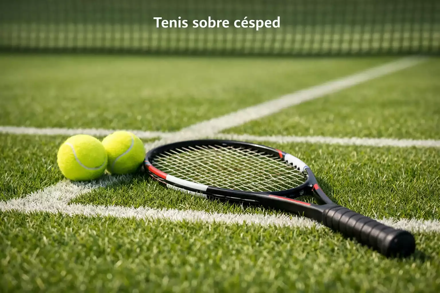 Raqueta de tenis y pelotas sobre una pista de hierba con las líneas blancas del campo visibles