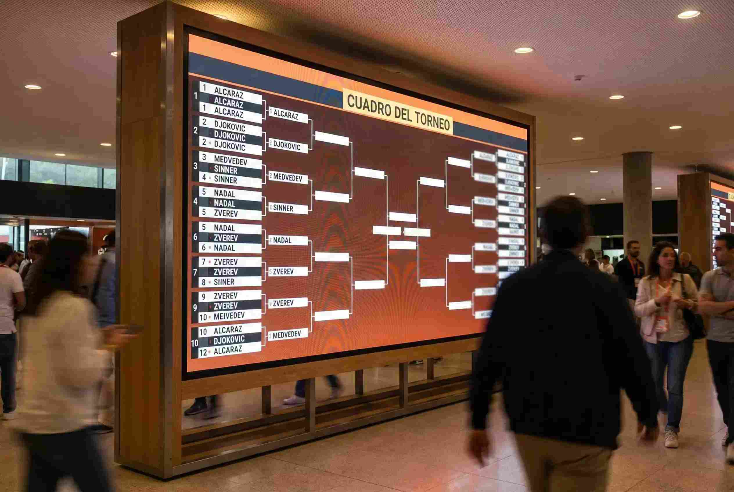 Pantalla electrónica de un torneo de tenis mostrando la tabla de clasificación del cuadro con nombres y posiciones de jugadores