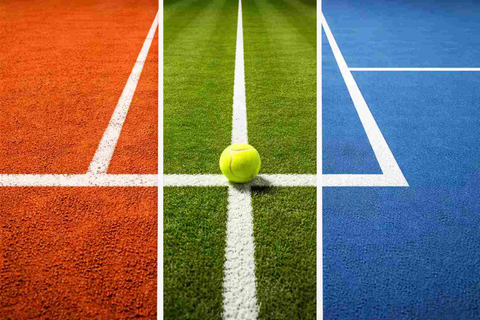 Tres tipos de pista de tenis divididos en la misma imagen: tierra batida naranja, hierba verde y pista dura azul con líneas blancas