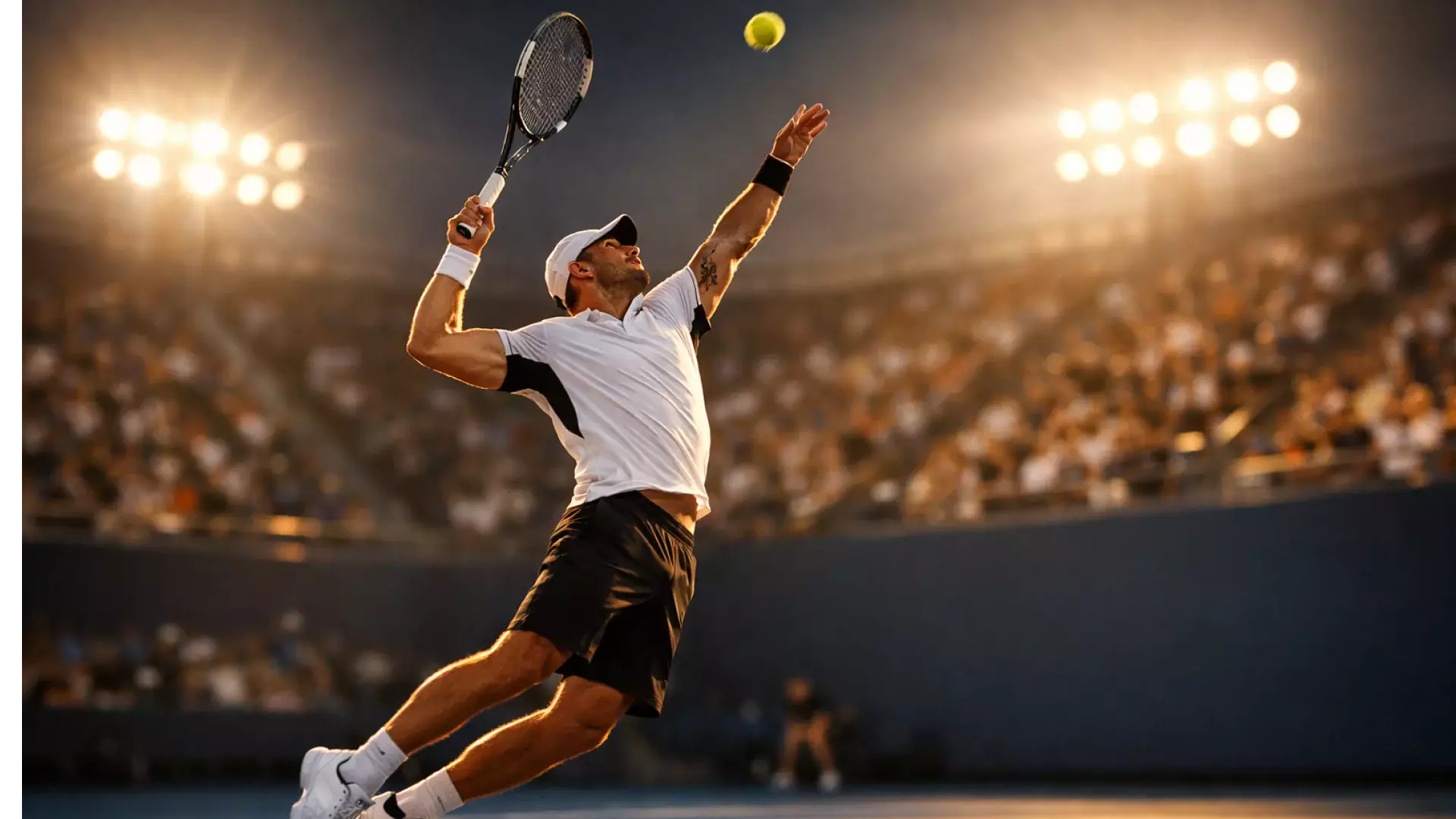 Tenista profesional ejecutando un saque potente en pista dura durante un partido oficial