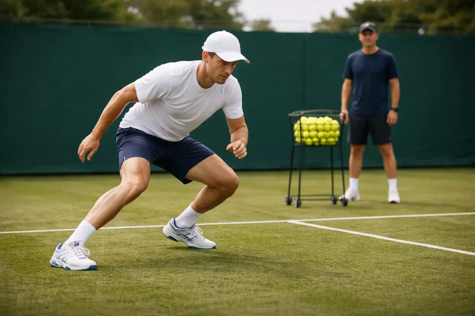 Tenista profesional adaptándose al cambio de superficie durante entrenamiento