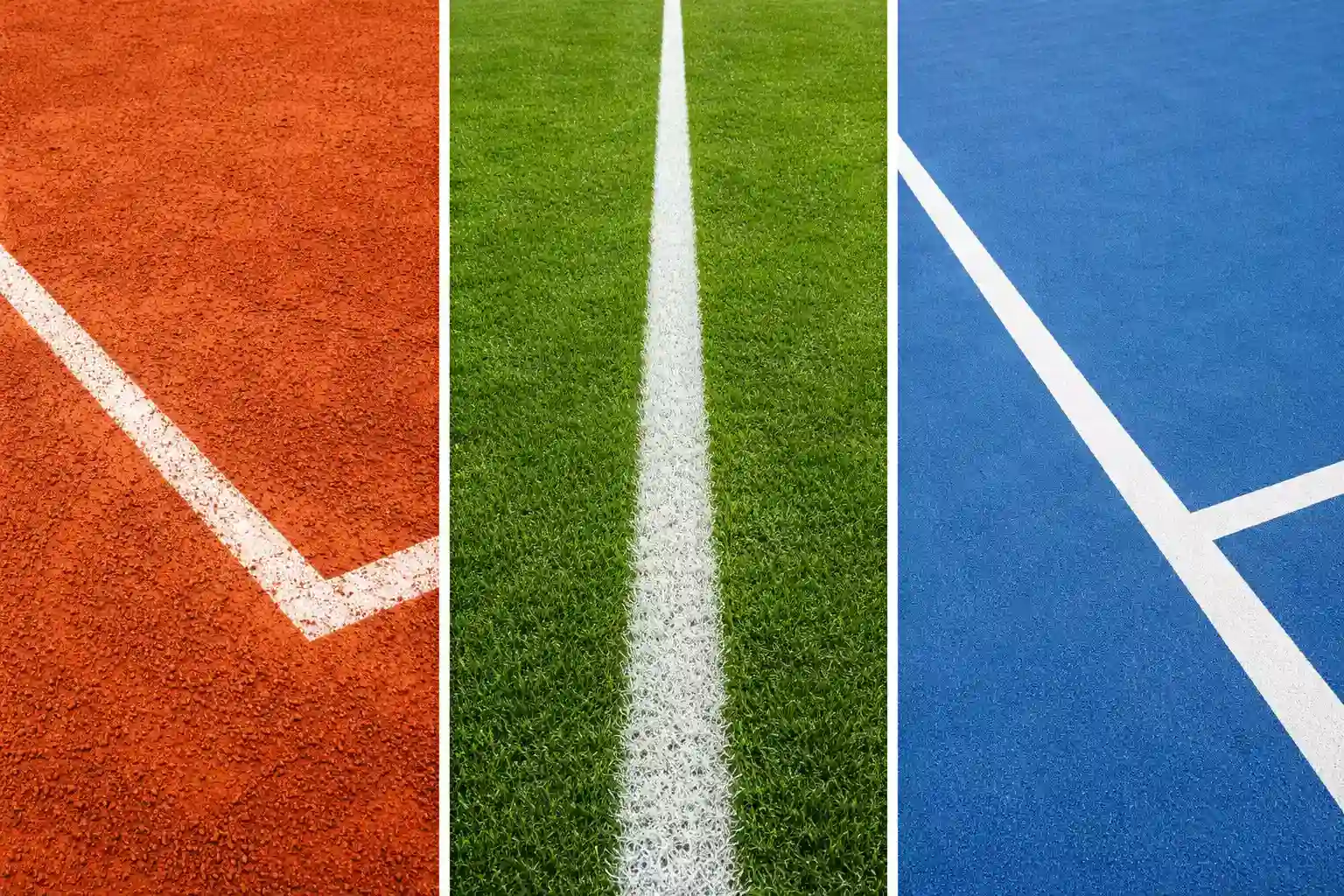 Comparativa visual de las tres superficies del tenis: tierra batida naranja, césped verde y pista dura azul