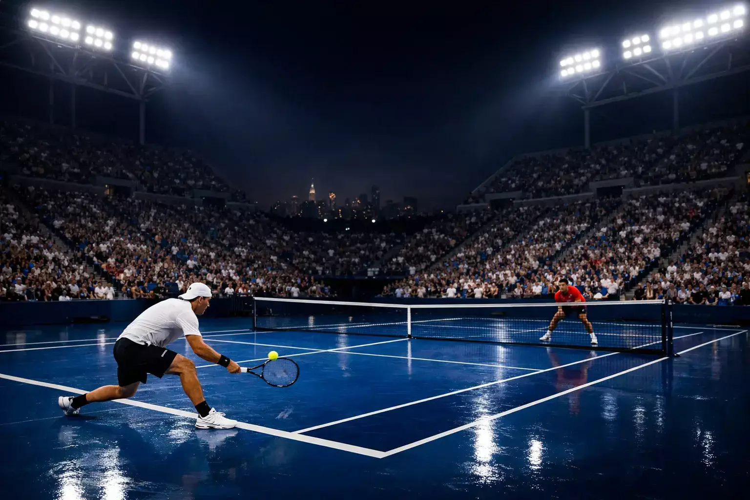 Estadio Arthur Ashe del US Open iluminado durante partido nocturno