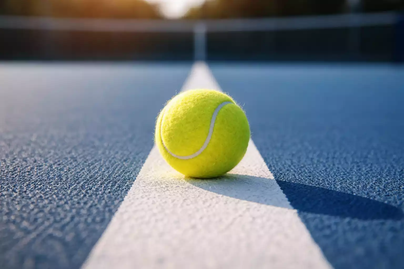 Primer plano de una pelota de tenis sobre la línea blanca de una pista dura azul vista desde el nivel del suelo