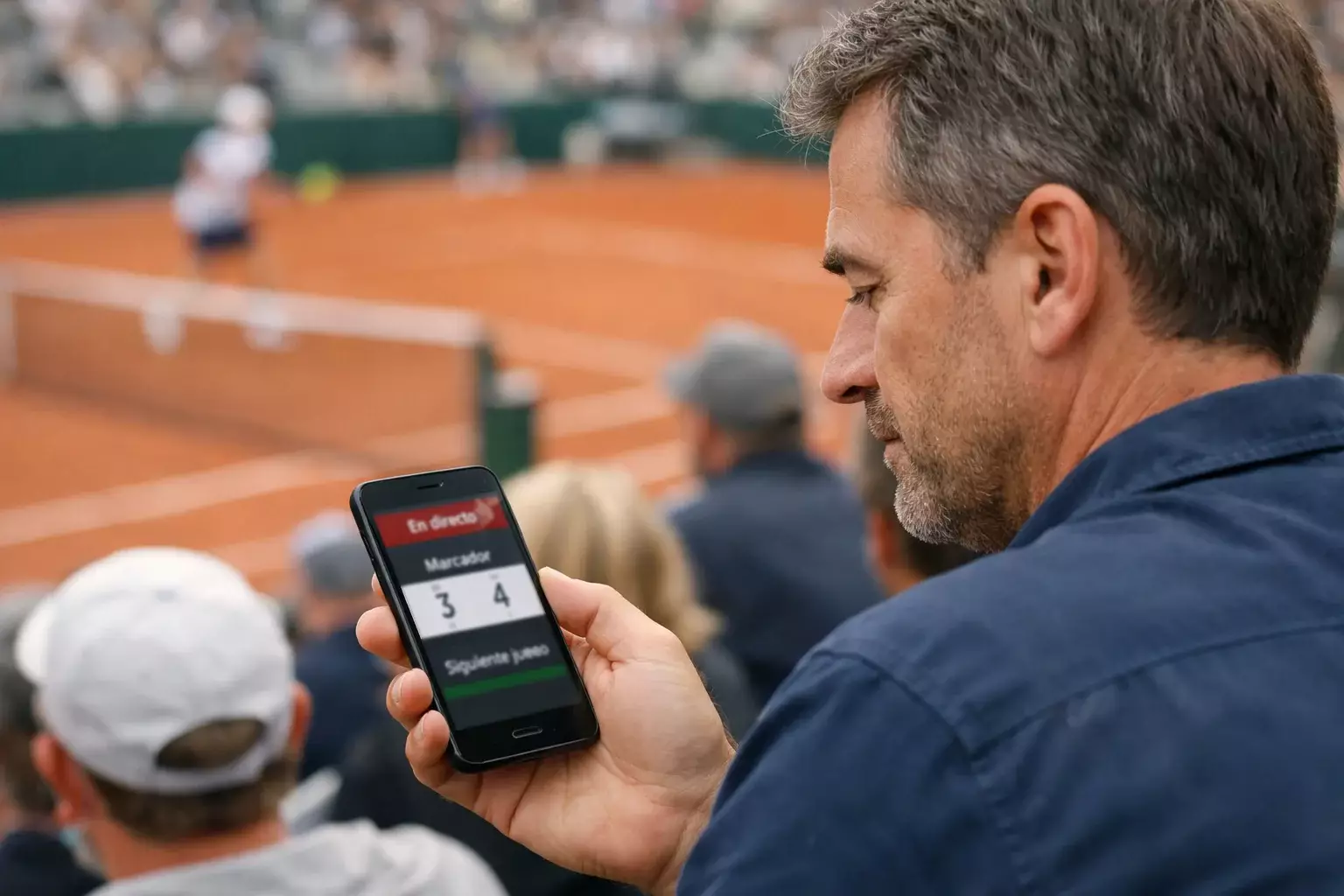 Espectador siguiendo partido de tenis con dispositivo móvil en las gradas