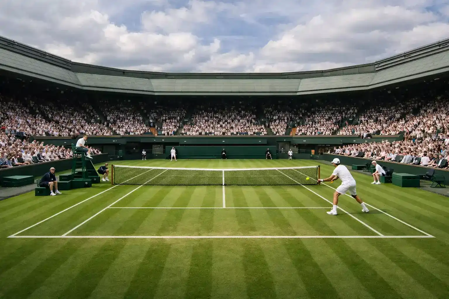 Pista central de Wimbledon con césped verde impecable y público elegante